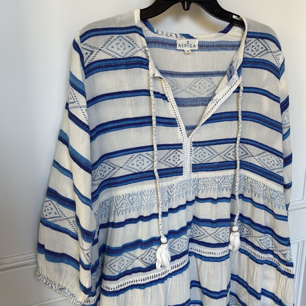 ASPIGA Sophia Cotton Kaftan Mini Dress Blue White Color Womens Size Medium - Picture 2 of 11